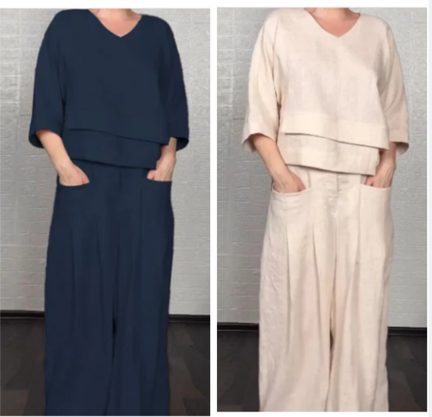 ๐ 2-piece cotton-linen set with an uneven hem โ V-neck top + wide-leg pants, breathable & effortlessly stylish ๐๐