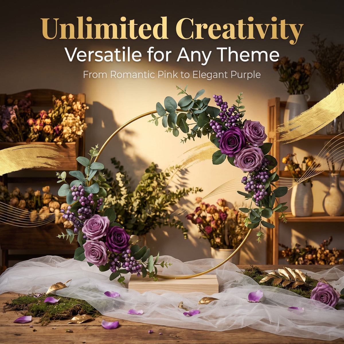 🌸 50% OFF! ✨ Gold-Tone Decorative Hoop with Wooden Stand – Customizable Table Centerpiece with LED String, Reusable Design for Flowers, Ribbon & Greenery – Elegant Iron & Pine Wood Craft for Events & Everyday Decor 🎀