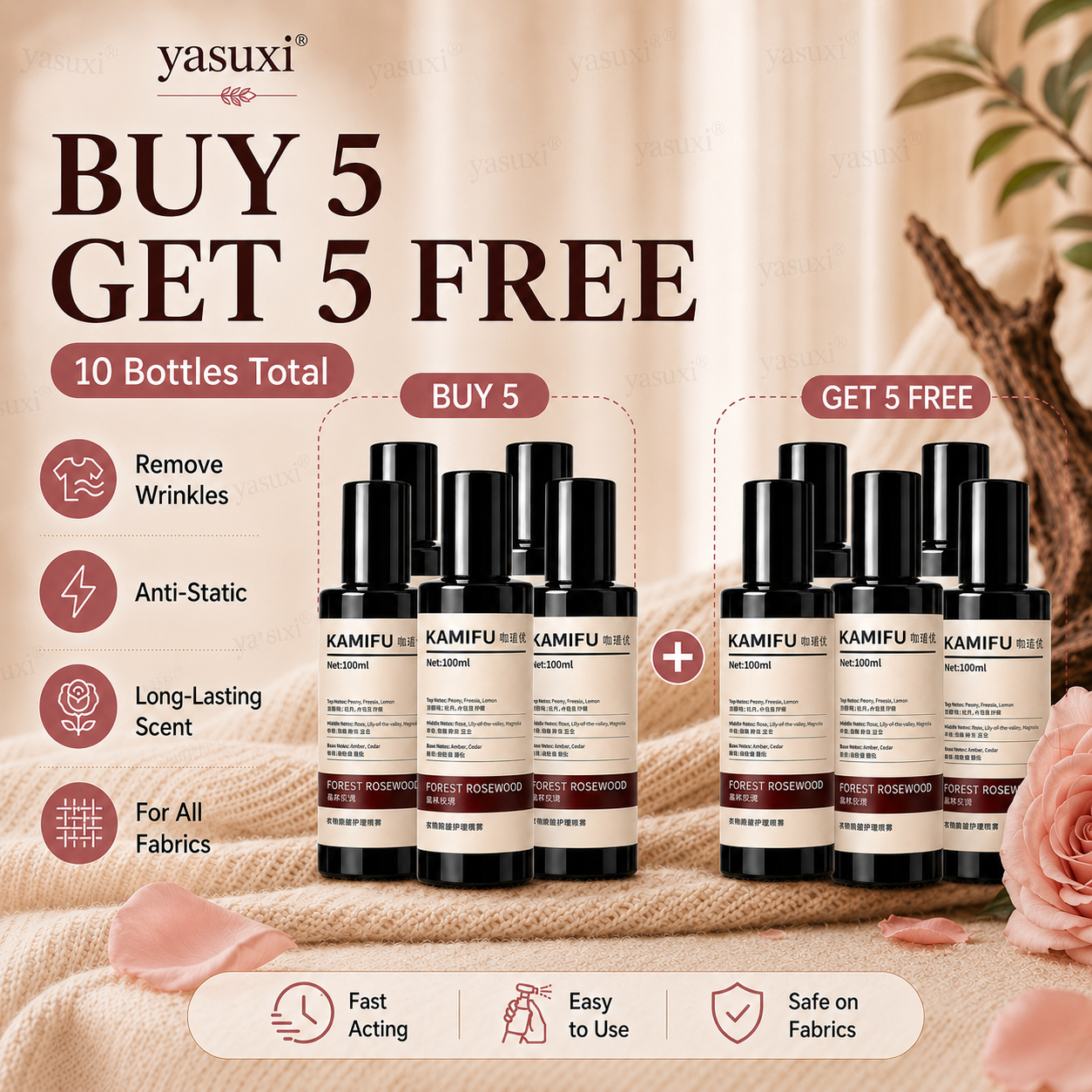Wrinkles gone, rose scent on — Forest Rosewood, spray & wear, polished anywhere