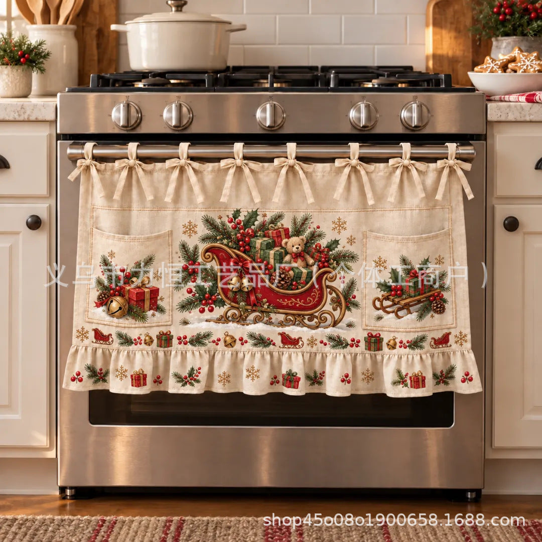 New tie-front kitchen half apron with pockets and ruffle trim