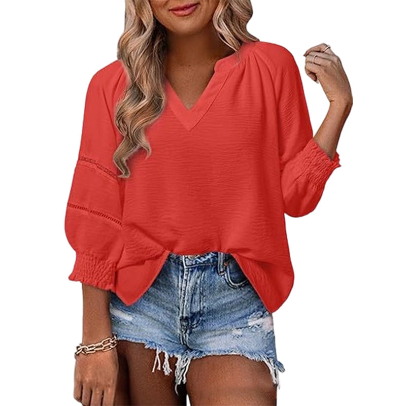 ๐ 50% OFF! ๐ Women's Casual V-Neck Lantern Sleeve Top โ Hollow-Out Detail, Smocked Cuffs & Breathable Texture