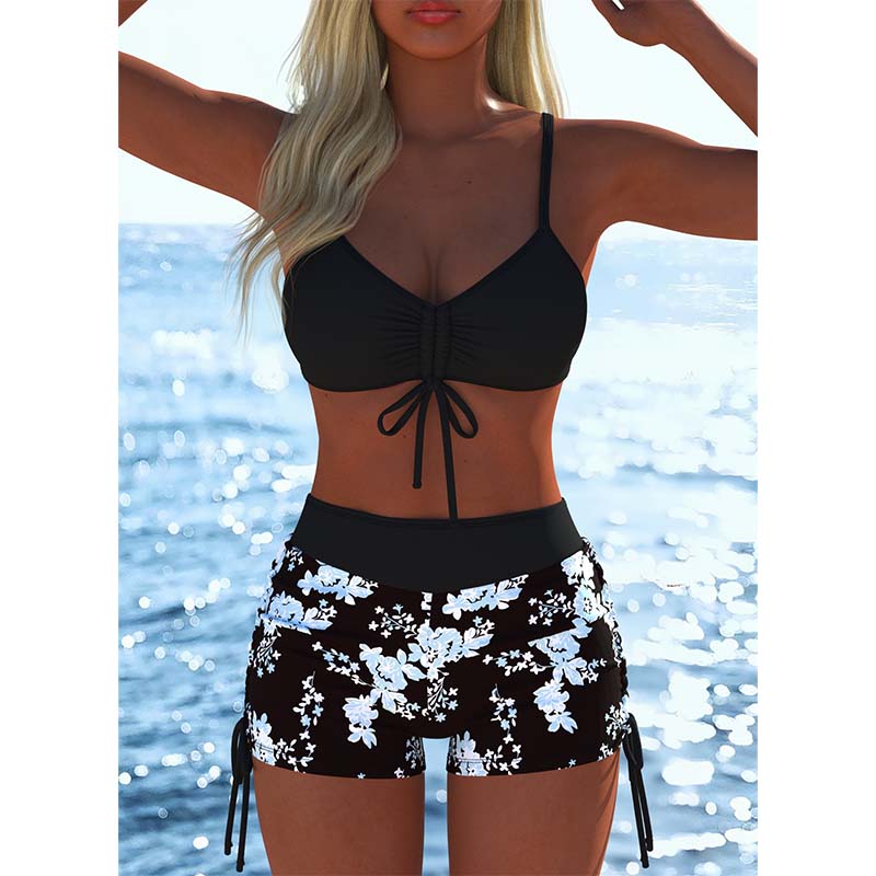 Women's Drawstring Bikini Set with Boy Shorts