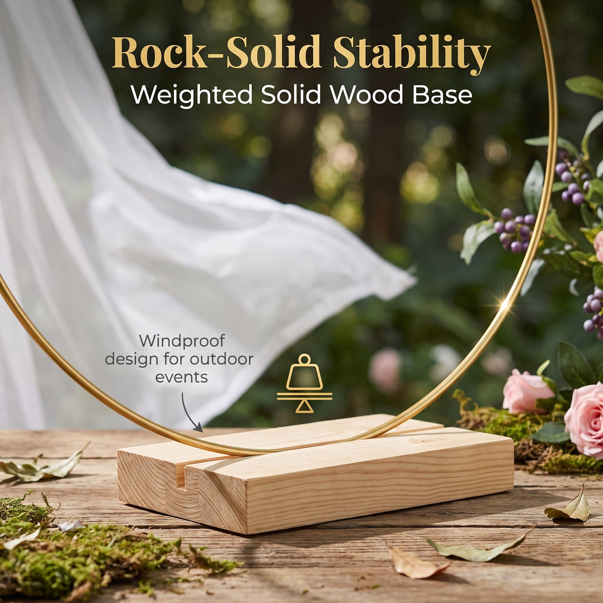 🌸 50% OFF! ✨ Gold-Tone Decorative Hoop with Wooden Stand – Customizable Table Centerpiece with LED String, Reusable Design for Flowers, Ribbon & Greenery – Elegant Iron & Pine Wood Craft for Events & Everyday Decor 🎀