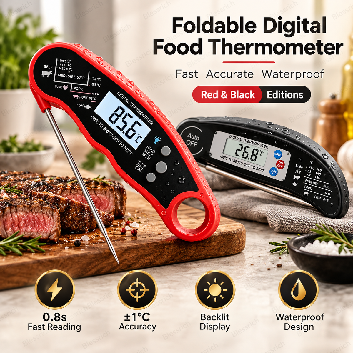 🎉 Limited-Time 57% OFF!🔥Instant-Read Digital Meat Thermometer 🌡️ – 0.8s Fast, ±1°C, Waterproof, Foldable Probe – Perfect for BBQ, Grilling & Baking