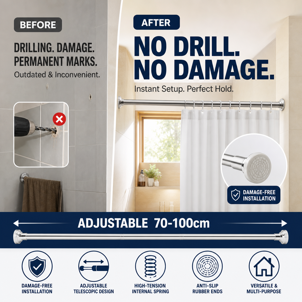 🔥50% off limited time！🥼👚 Create storage space anywhere anytime！Adjustable No-Drill Tension Rod