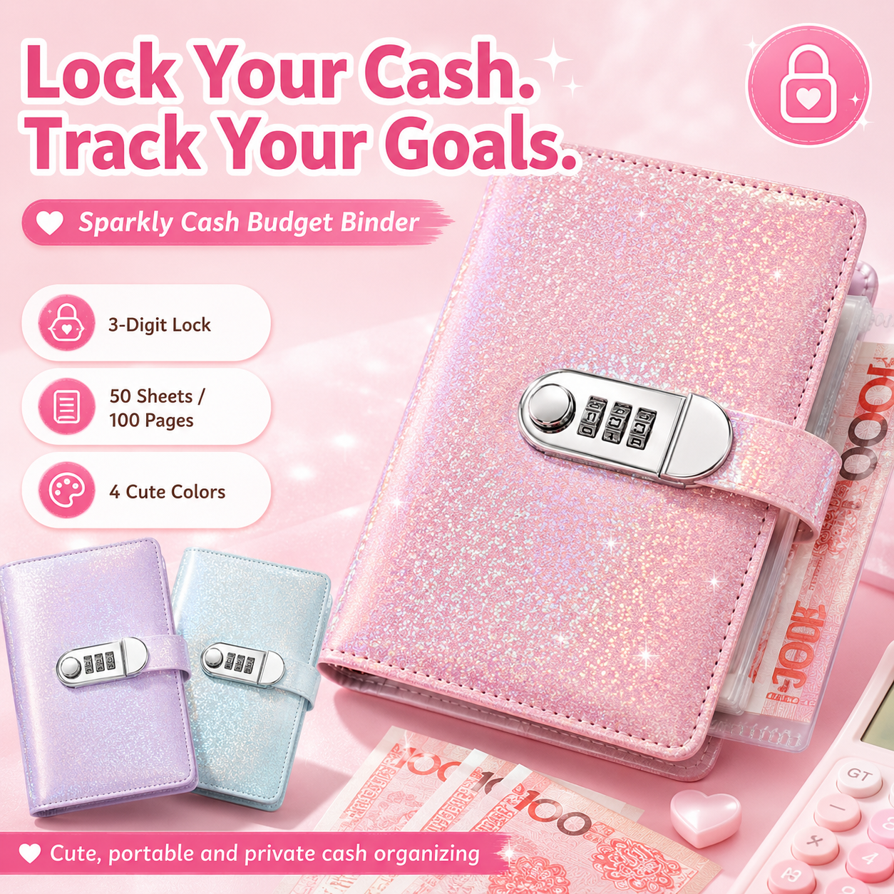 ✨ SparkleLock Cash Savings Binder with 3-Digit Combination Lock – 100-Page Cash Stuffing Budget Organizer for Savings Challenges, Money Goals & Gifts 💖