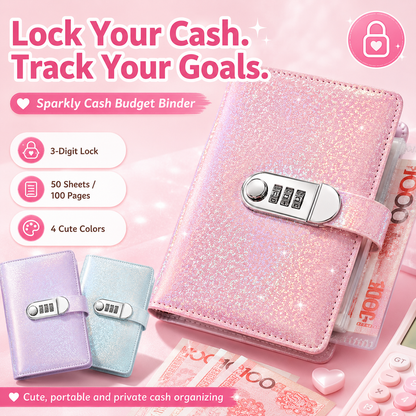 ✨ SparkleLock Cash Savings Binder with 3-Digit Combination Lock – 100-Page Cash Stuffing Budget Organizer for Savings Challenges, Money Goals & Gifts 💖
