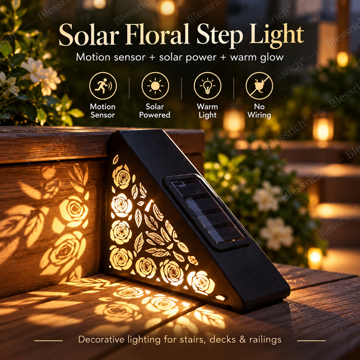 🌙 50% OFF NOW! Solar Motion Sensor Step Lights – Warm Floral Glow Outdoor Stair Lights, Automatic Night Lighting, No Wiring Required for Gardens, Decks & Pathways