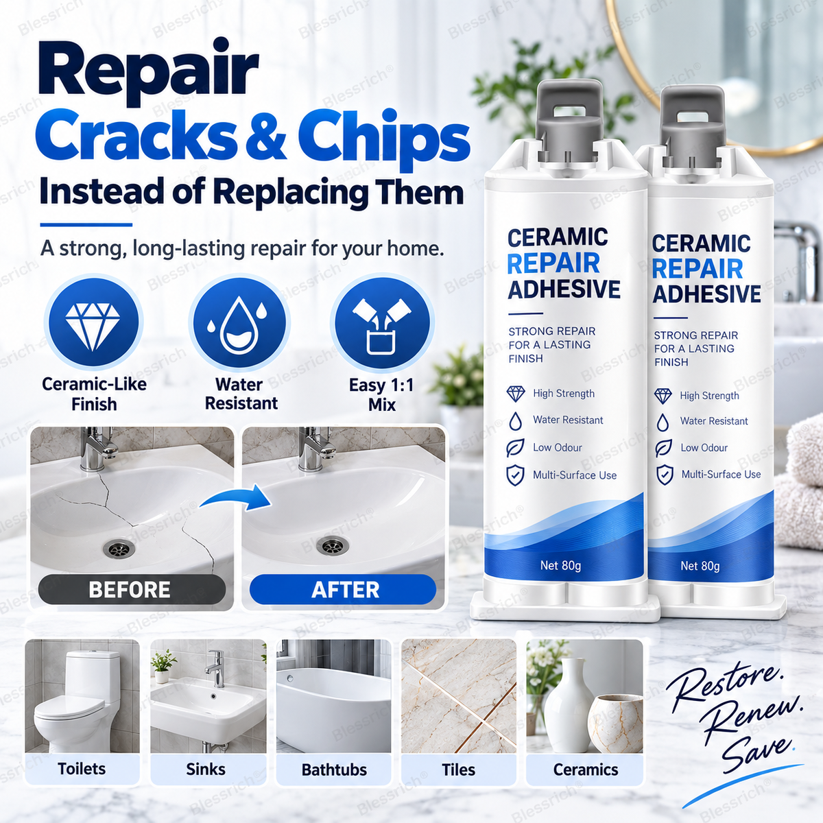 ✨ Give Damaged Surfaces a Second Life! 🛠️ Ceramic Repair Compound for Toilets, Sinks, Tubs, Tiles & Marble 🚽🚰🛁
