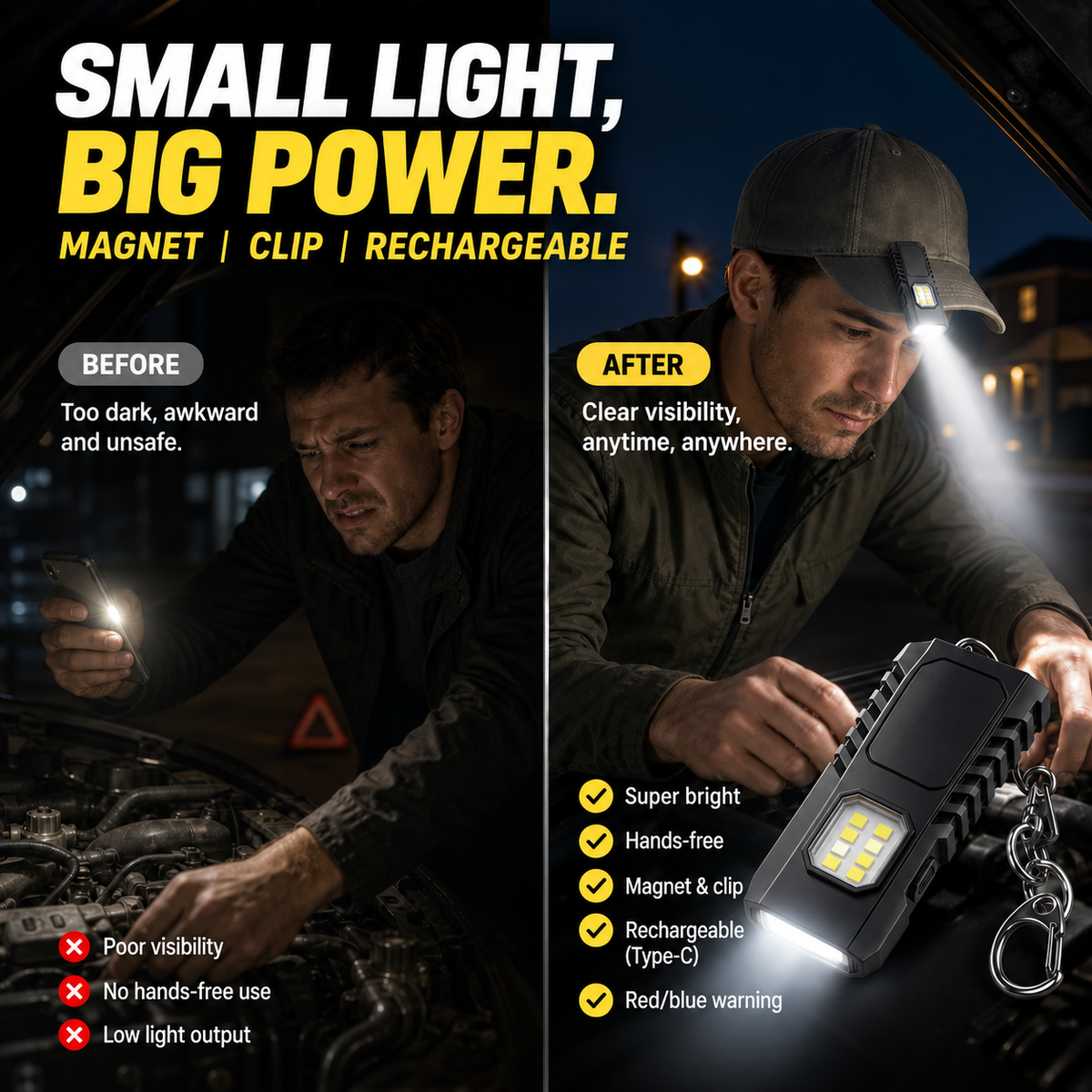 🔦 Mini LED Keychain Flashlight ✨ USB Rechargeable Powerful Torch | 🧲 Magnetic Work Light | 🧢 Cap Light | 🚶 Night Safety Light | ⚡ Multifunctional Emergency Outdoor Lighting Device