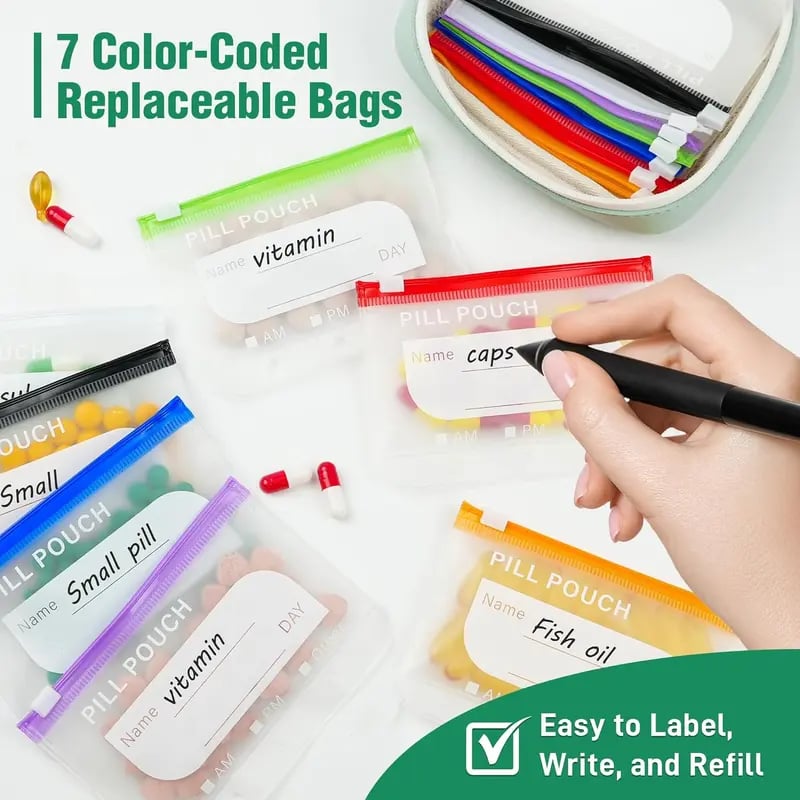 🎉 2026 Sale — Over 9,000 Sold! 💊 A8 Waterproof Pill Pouch Set – 14 Color-Coded Pouches, Crush-Proof Shell, Up to 2 Weeks of Meds! ✨