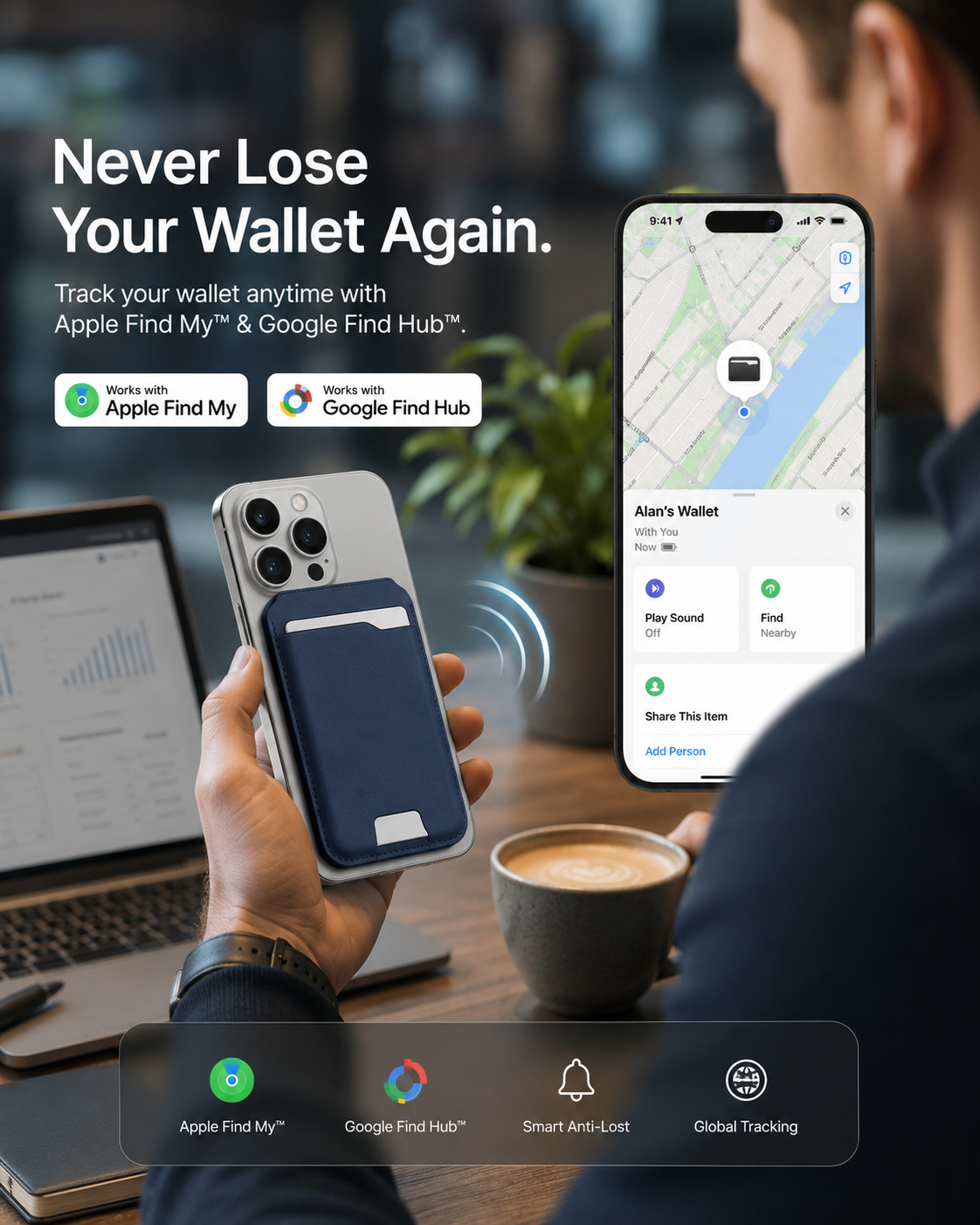Smart MagSafe Wallet Made of Genuine Nappa Leather – with Apple Find My™ & Google Find Hub™, RFID Protection, and Wireless Charging.
