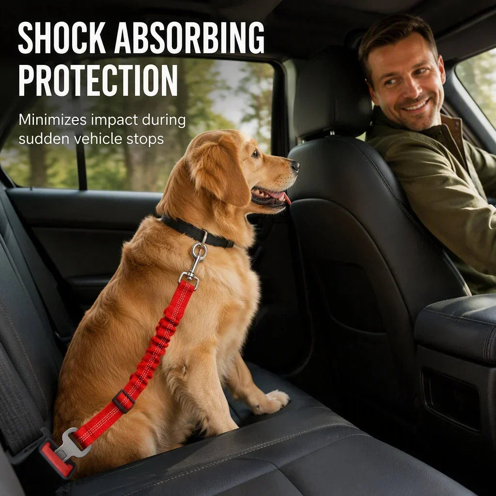 🐶🚗 Reflective Elastic Pet Seat Belt – Adjustable Car Restraint with Shock-Absorbing Buffer