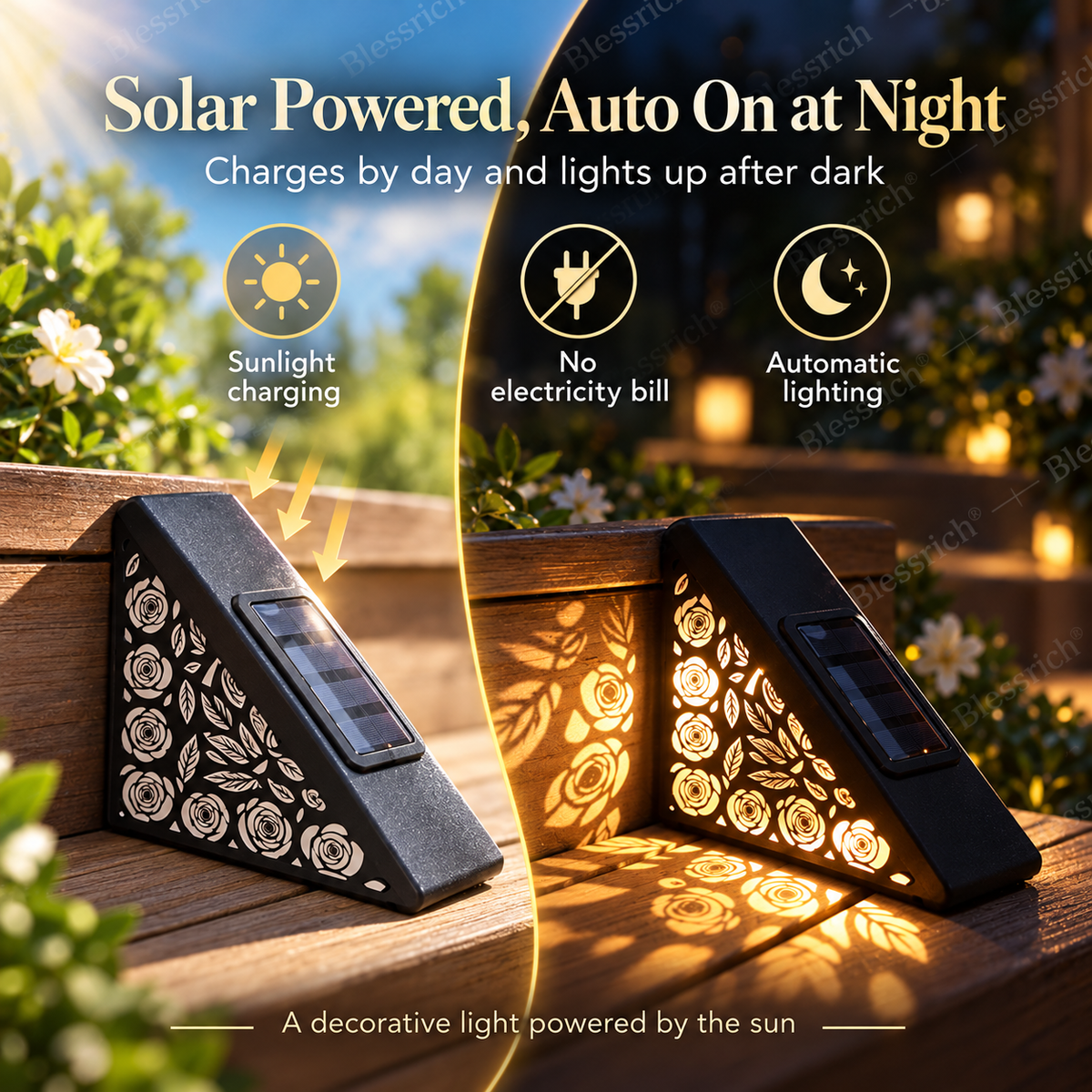 🌙 50% OFF NOW! Solar Motion Sensor Step Lights – Warm Floral Glow Outdoor Stair Lights, Automatic Night Lighting, No Wiring Required for Gardens, Decks & Pathways