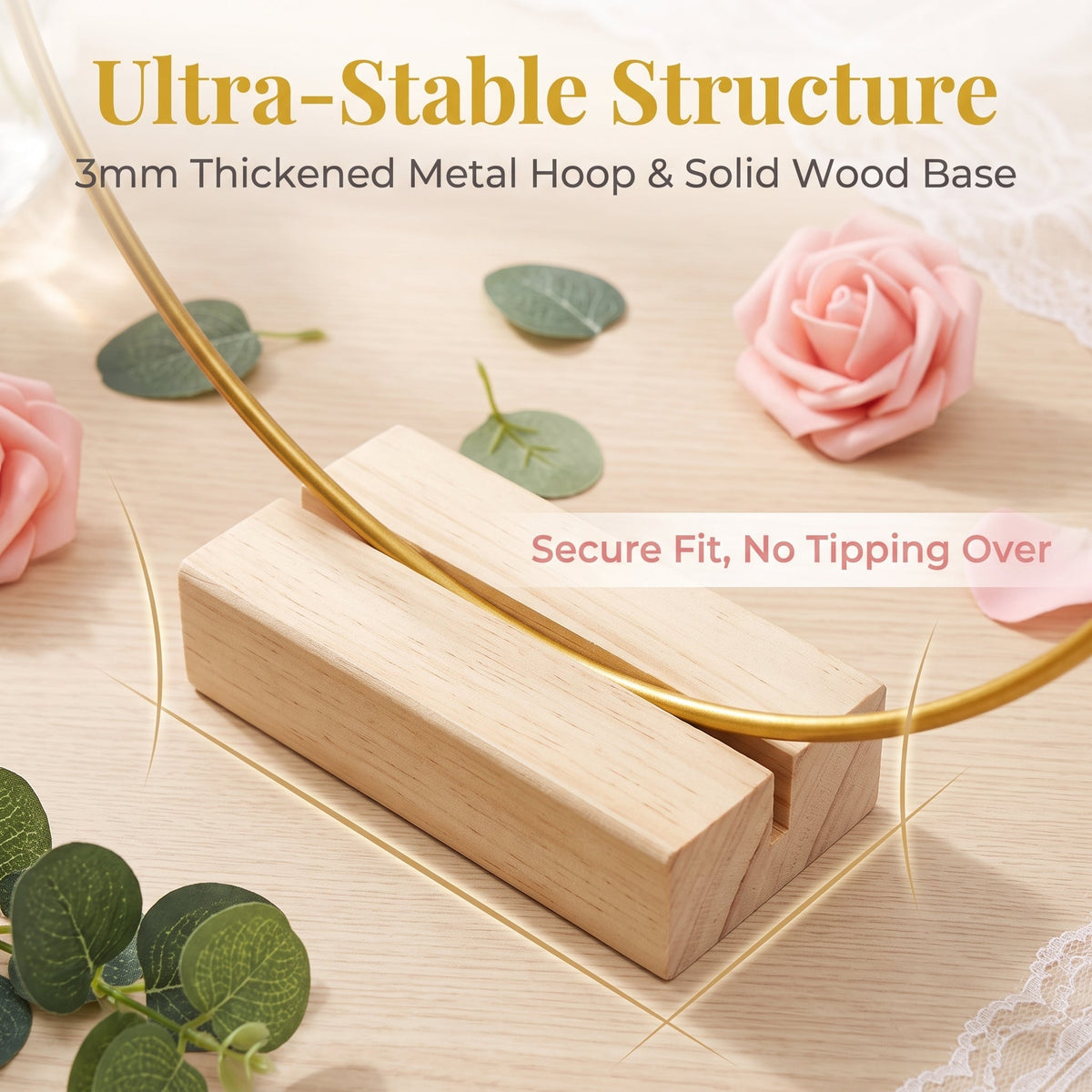 🌸 50% OFF! ✨ Gold-Tone Decorative Hoop with Wooden Stand – Customizable Table Centerpiece with LED String, Reusable Design for Flowers, Ribbon & Greenery – Elegant Iron & Pine Wood Craft for Events & Everyday Decor 🎀