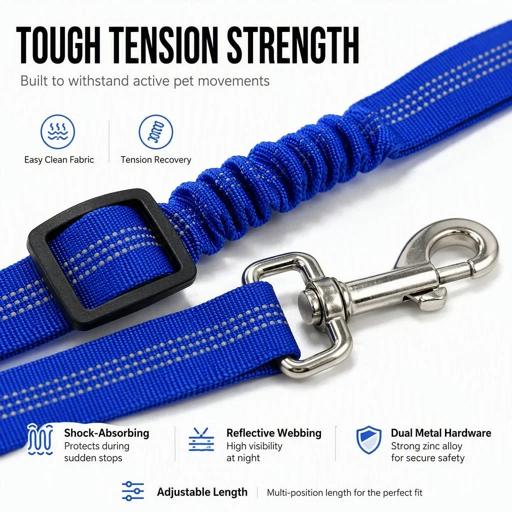 🐶🚗 Reflective Elastic Pet Seat Belt – Adjustable Car Restraint with Shock-Absorbing Buffer