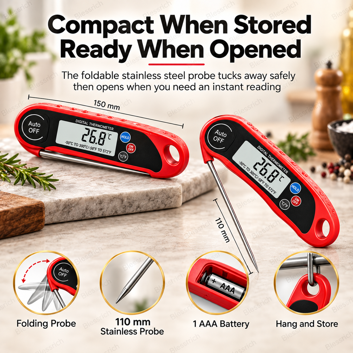 🎉 Limited-Time 57% OFF!🔥Instant-Read Digital Meat Thermometer 🌡️ – 0.8s Fast, ±1°C, Waterproof, Foldable Probe – Perfect for BBQ, Grilling & Baking