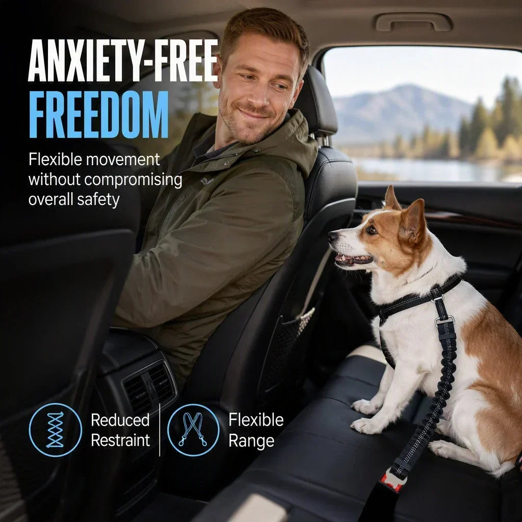 🐶🚗 Reflective Elastic Pet Seat Belt – Adjustable Car Restraint with Shock-Absorbing Buffer