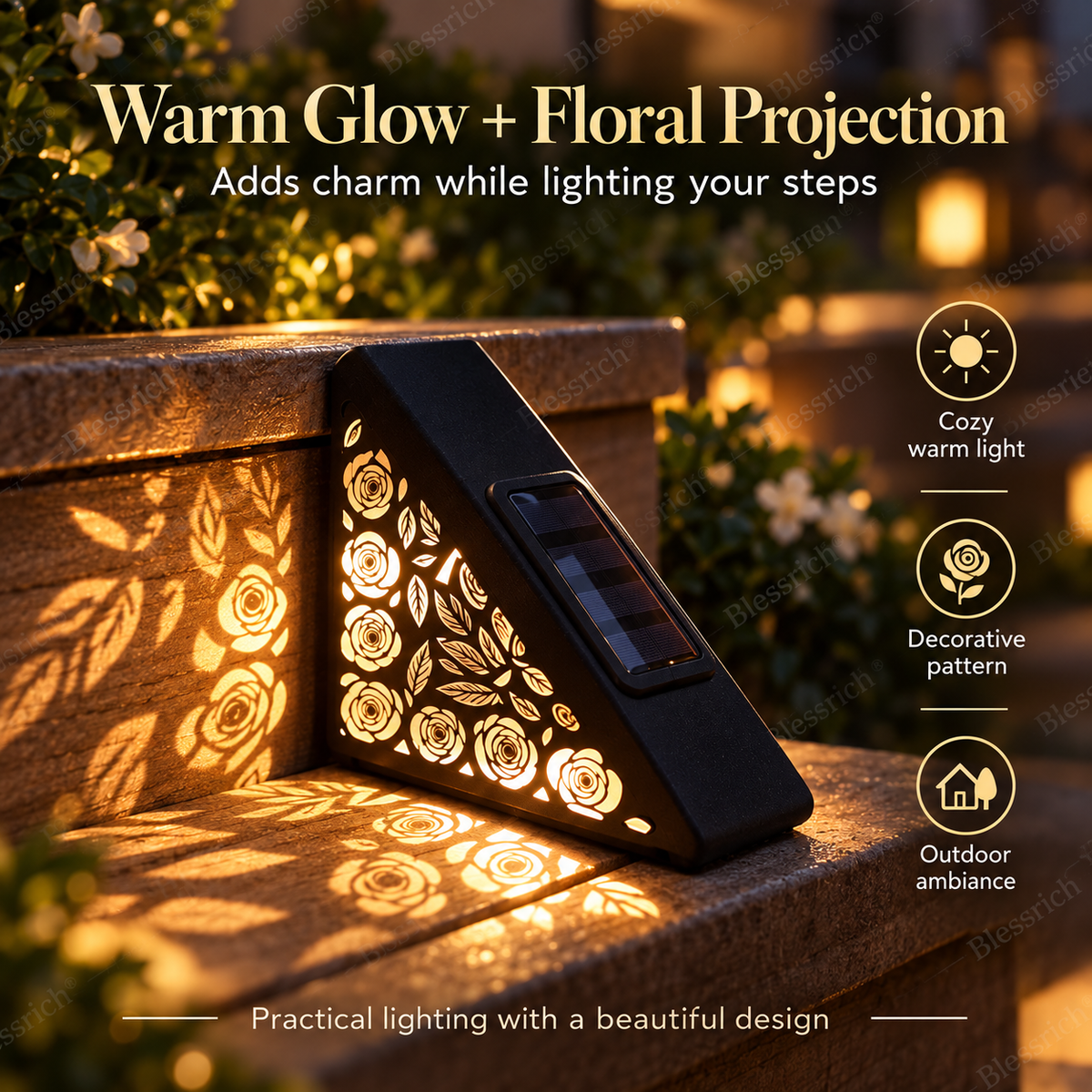 🌙 50% OFF NOW! Solar Motion Sensor Step Lights – Warm Floral Glow Outdoor Stair Lights, Automatic Night Lighting, No Wiring Required for Gardens, Decks & Pathways