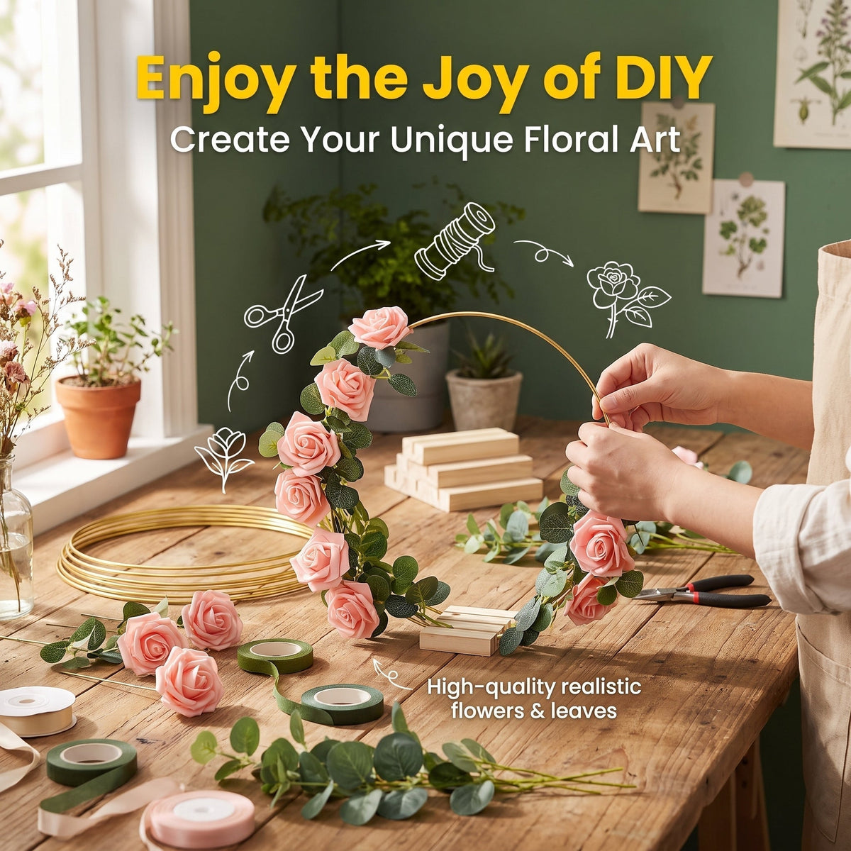 🌸 50% OFF! ✨ Gold-Tone Decorative Hoop with Wooden Stand – Customizable Table Centerpiece with LED String, Reusable Design for Flowers, Ribbon & Greenery – Elegant Iron & Pine Wood Craft for Events & Everyday Decor 🎀