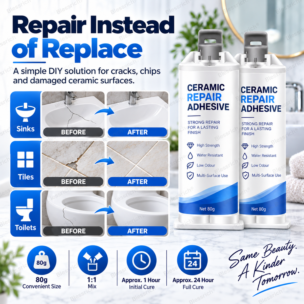 ✨ Give Damaged Surfaces a Second Life! 🛠️ Ceramic Repair Compound for Toilets, Sinks, Tubs, Tiles & Marble 🚽🚰🛁