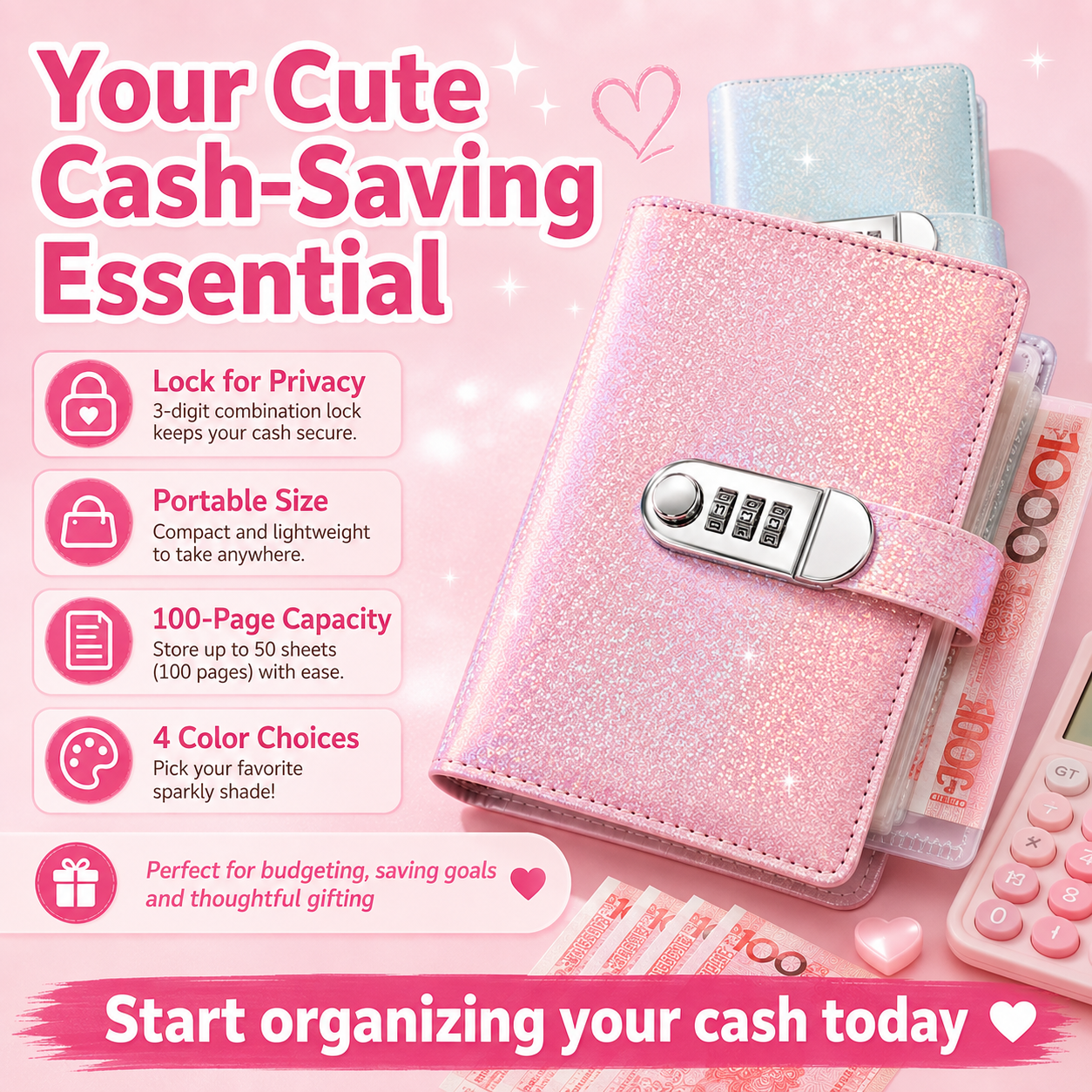 ✨ SparkleLock Cash Savings Binder with 3-Digit Combination Lock – 100-Page Cash Stuffing Budget Organizer for Savings Challenges, Money Goals & Gifts 💖
