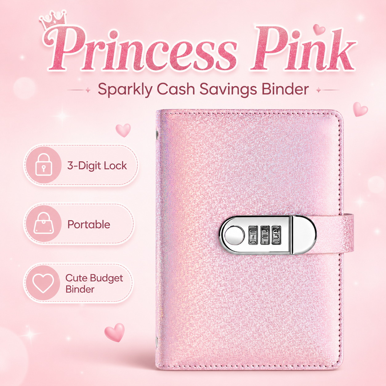 ✨ SparkleLock Cash Savings Binder with 3-Digit Combination Lock – 100-Page Cash Stuffing Budget Organizer for Savings Challenges, Money Goals & Gifts 💖