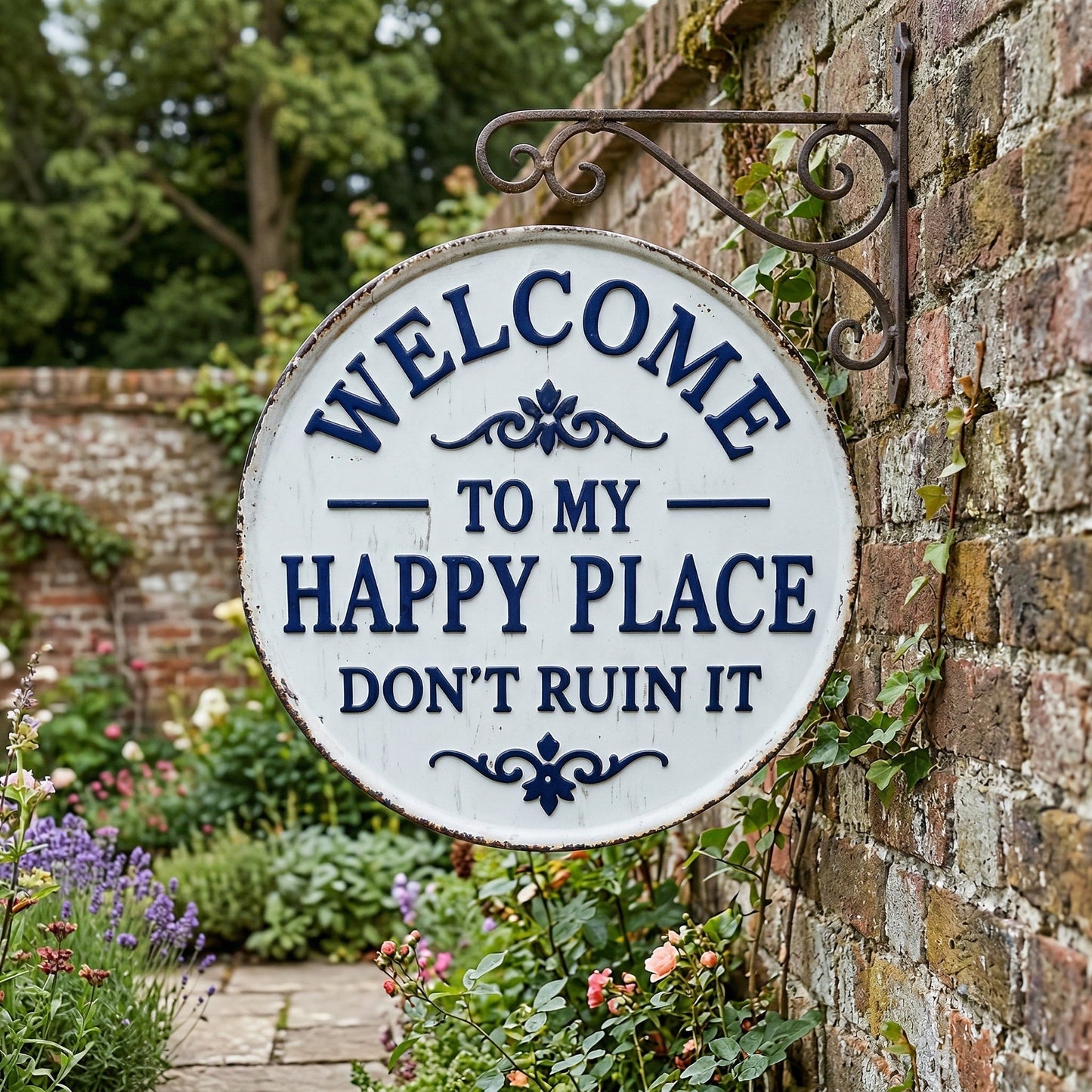 🏡Final Hours Flash Sale $9.74!!⏰Vintage Round Metal Sign – “Welcome to My Happy Place Don’t Ruin It” Garden Wall Decor