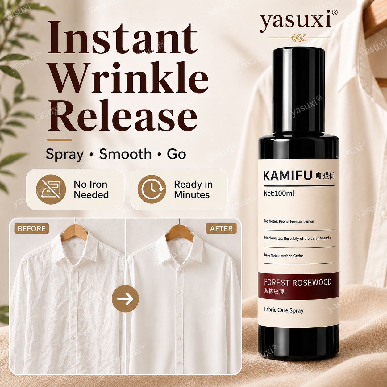 Wrinkles gone, rose scent on — Forest Rosewood, spray & wear, polished anywhere
