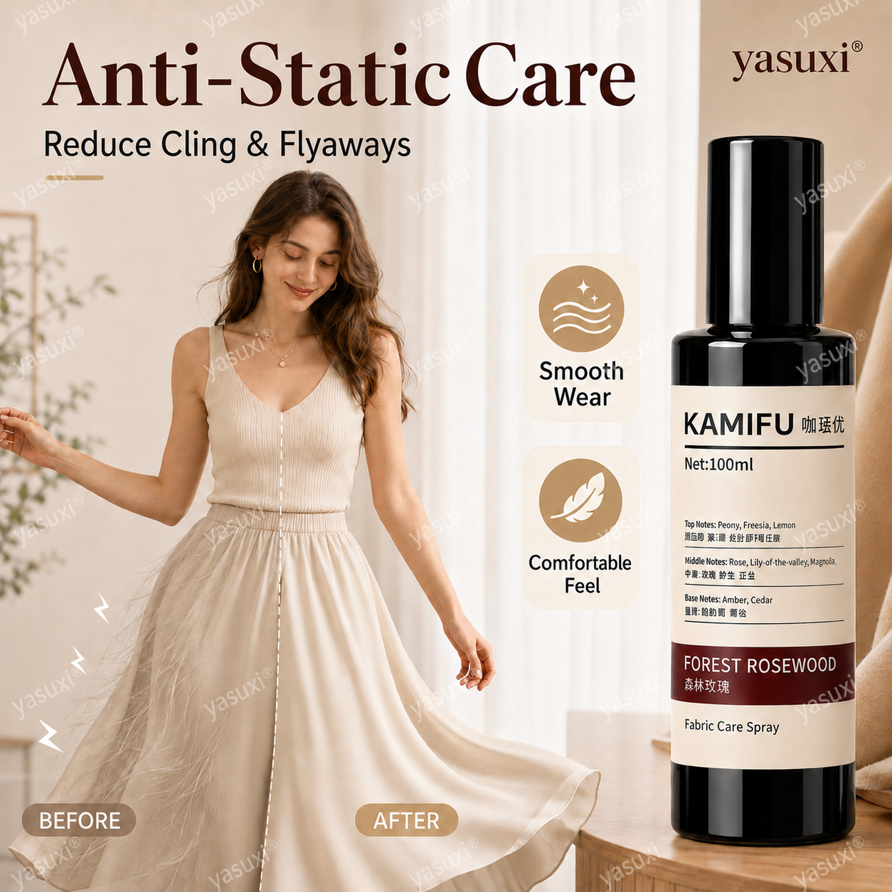 Wrinkles gone, rose scent on — Forest Rosewood, spray & wear, polished anywhere