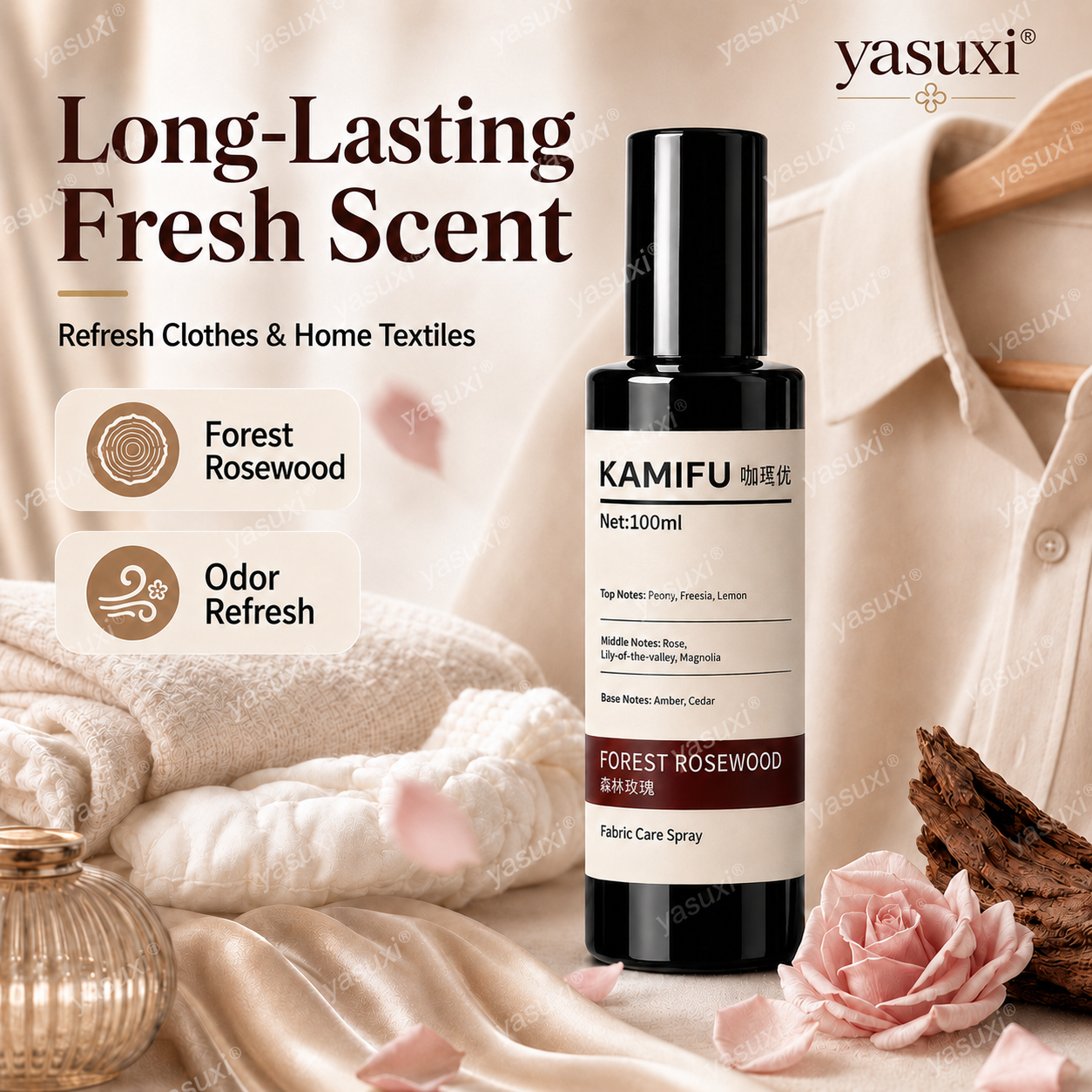 Wrinkles gone, rose scent on — Forest Rosewood, spray & wear, polished anywhere
