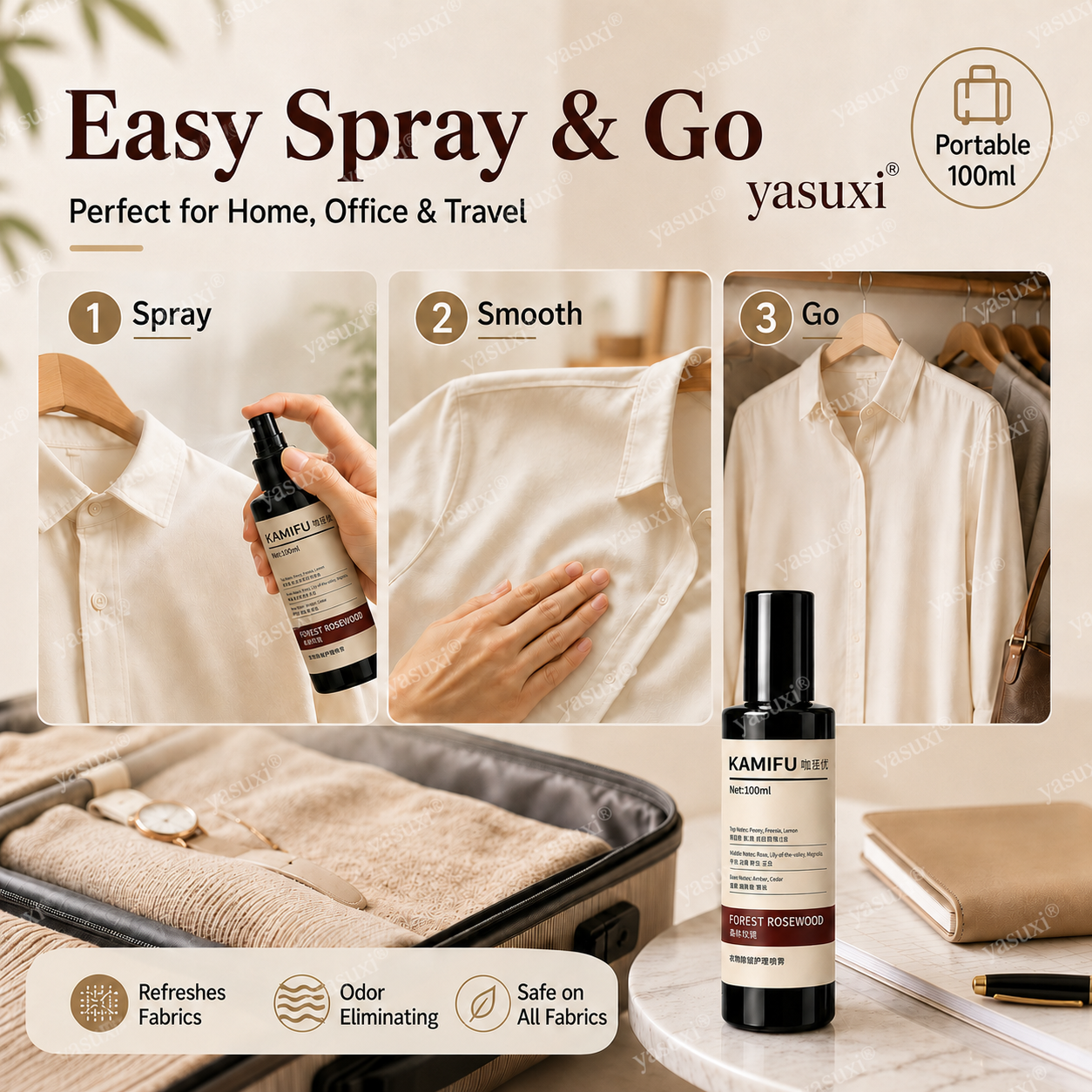 Wrinkles gone, rose scent on — Forest Rosewood, spray & wear, polished anywhere