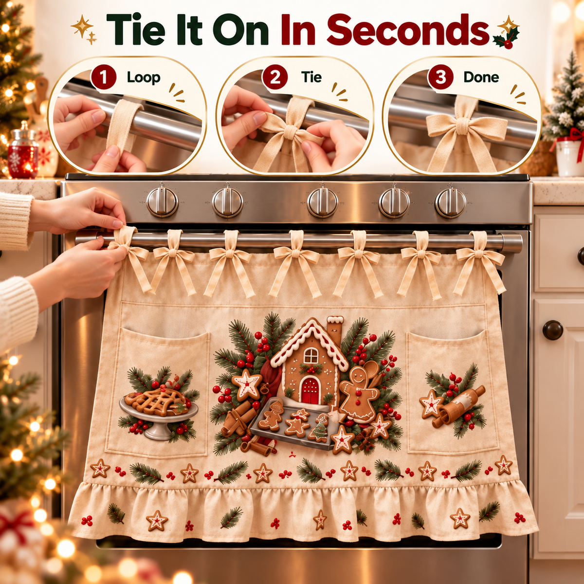 New tie-front kitchen half apron with pockets and ruffle trim