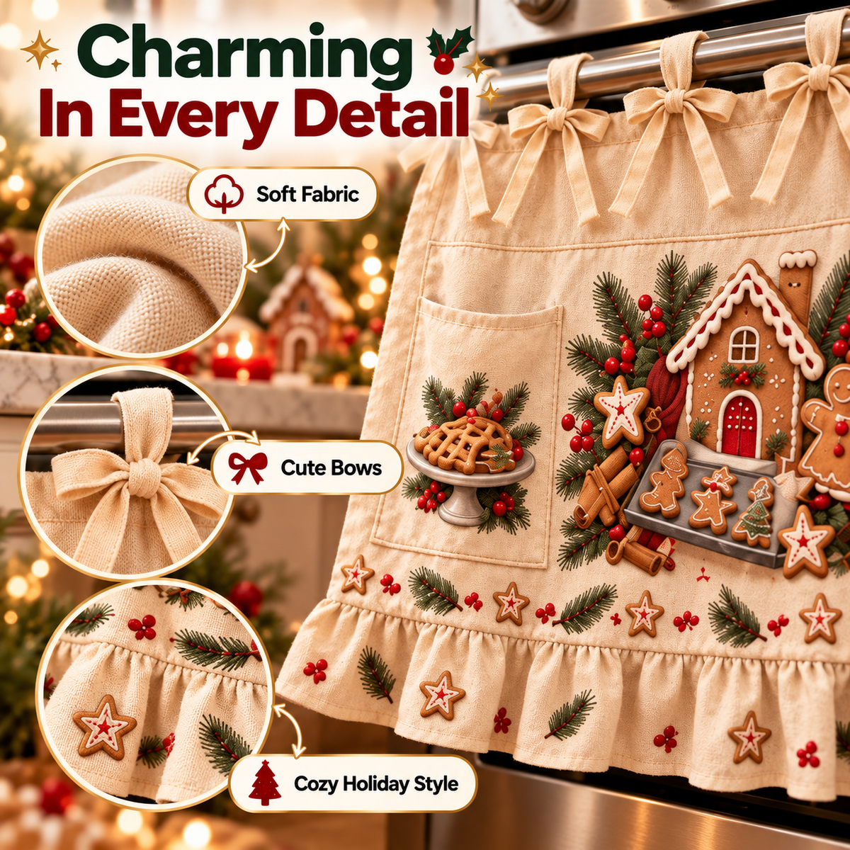 New tie-front kitchen half apron with pockets and ruffle trim