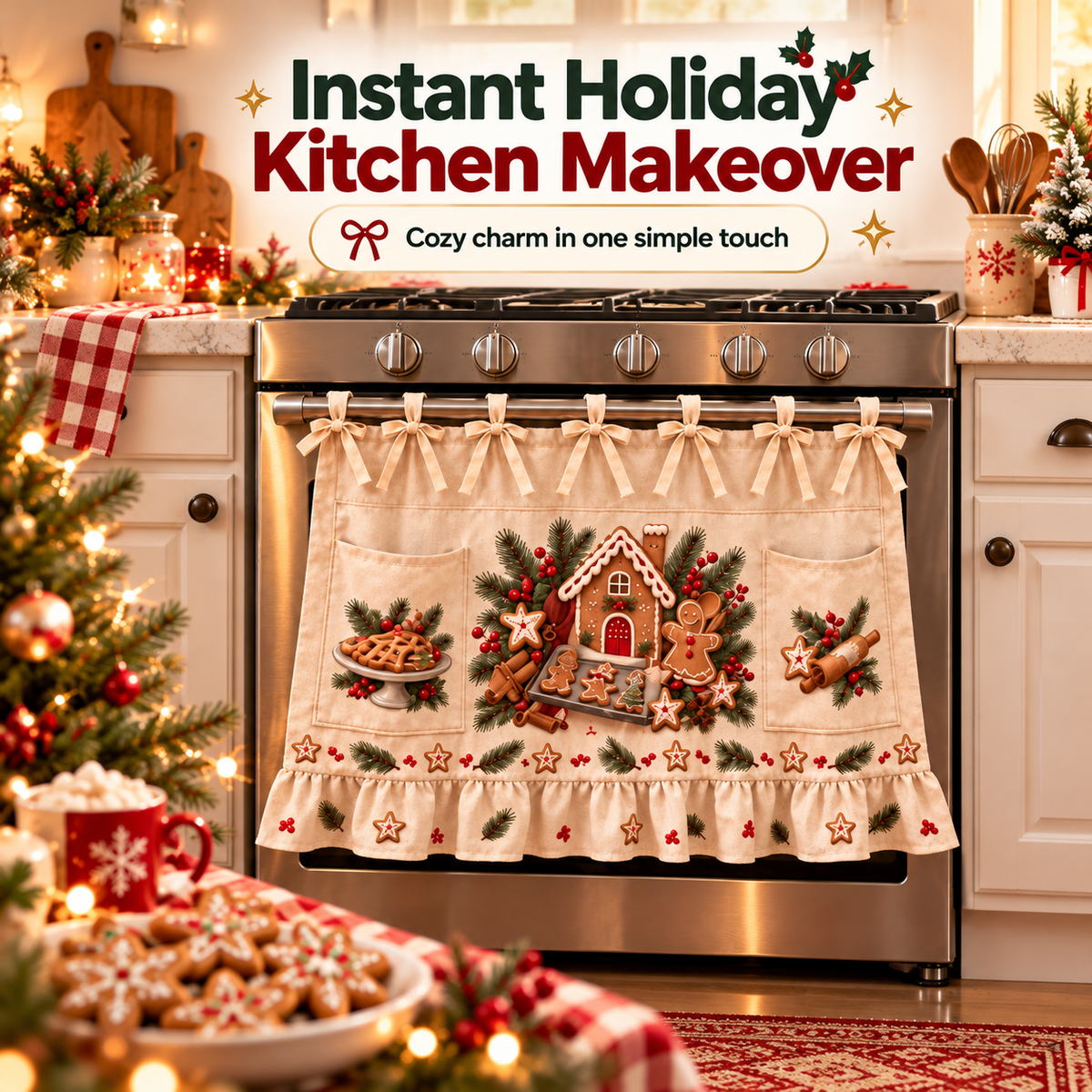 New tie-front kitchen half apron with pockets and ruffle trim