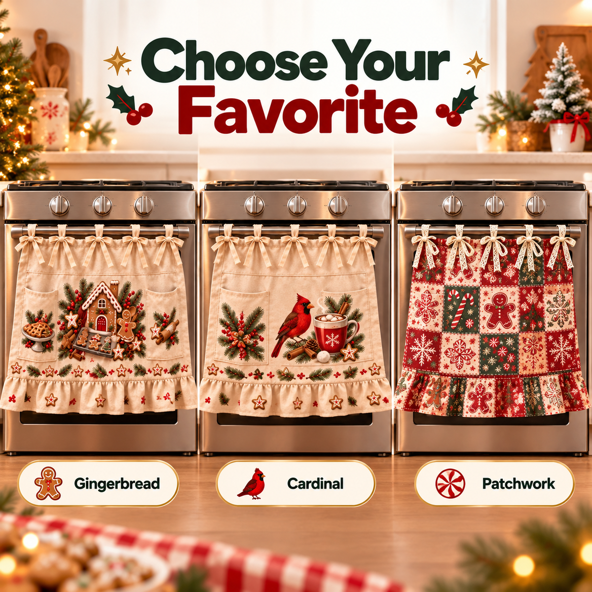 New tie-front kitchen half apron with pockets and ruffle trim