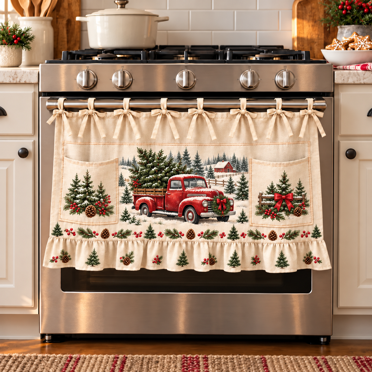 New tie-front kitchen half apron with pockets and ruffle trim