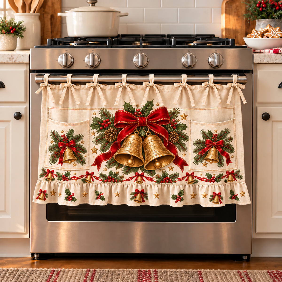 New tie-front kitchen half apron with pockets and ruffle trim