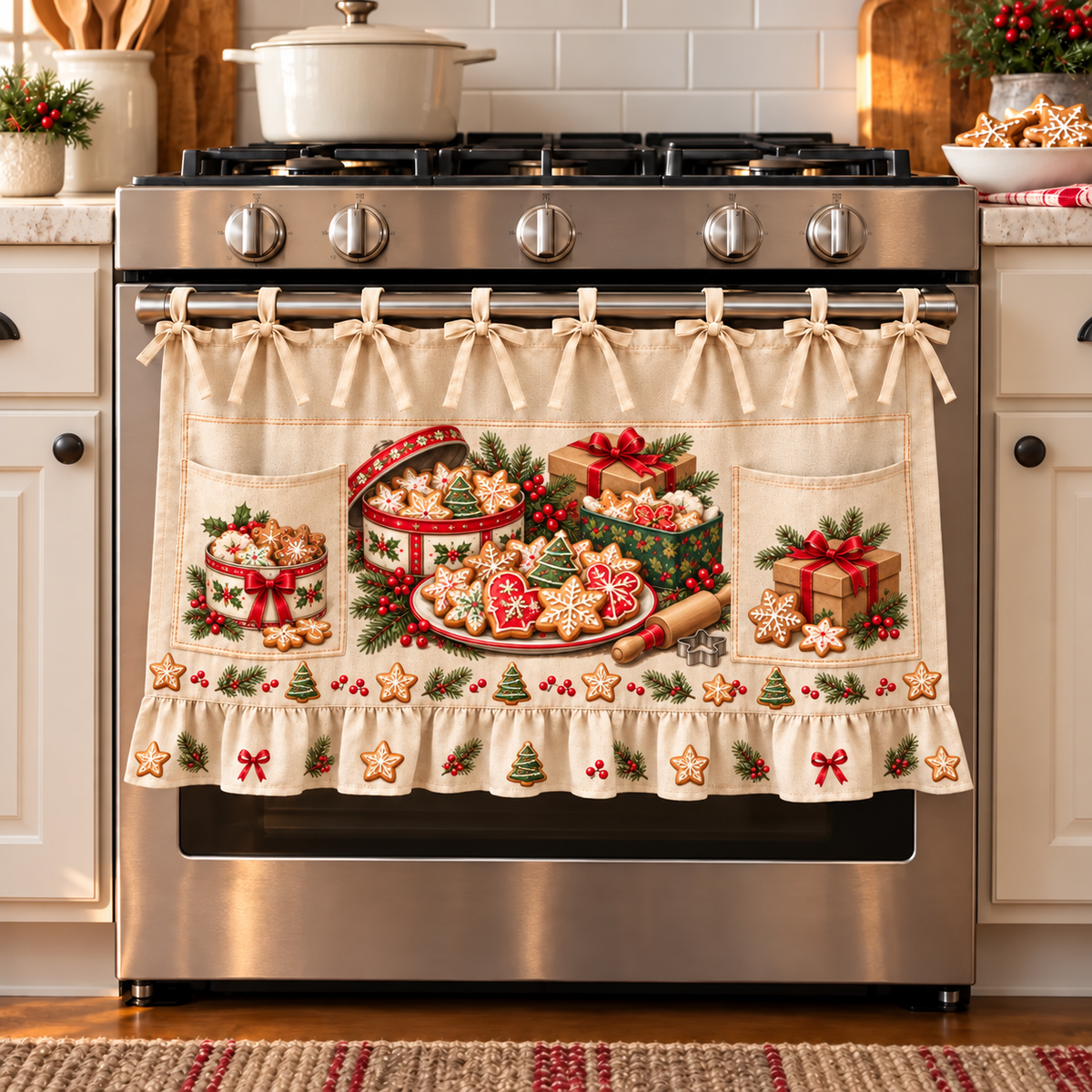New tie-front kitchen half apron with pockets and ruffle trim
