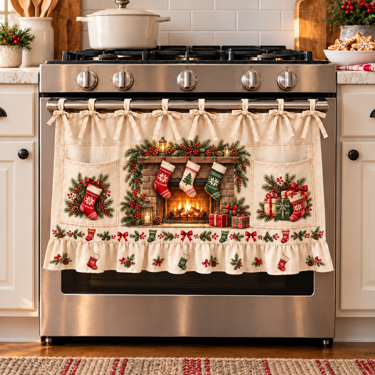 New tie-front kitchen half apron with pockets and ruffle trim