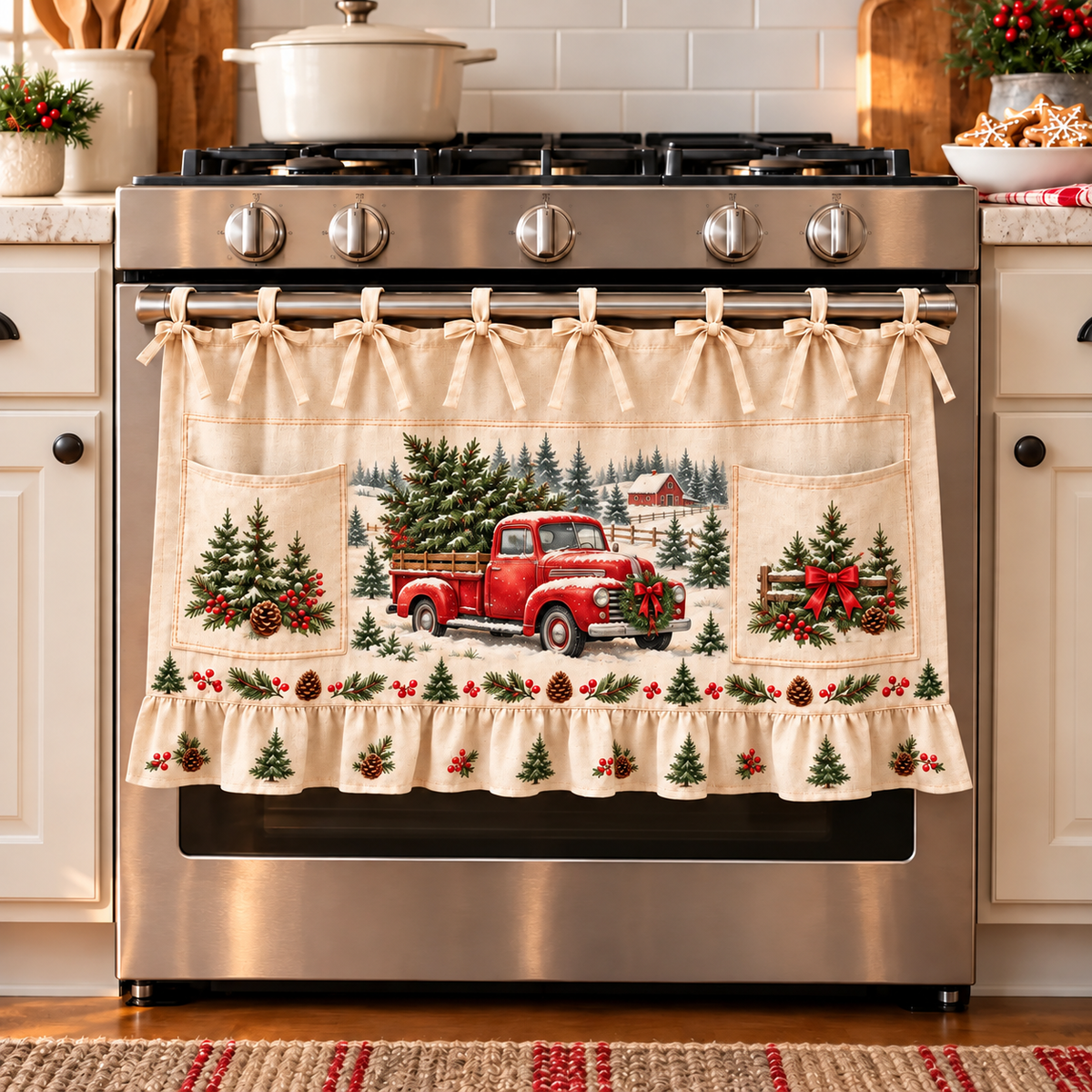 New tie-front kitchen half apron with pockets and ruffle trim