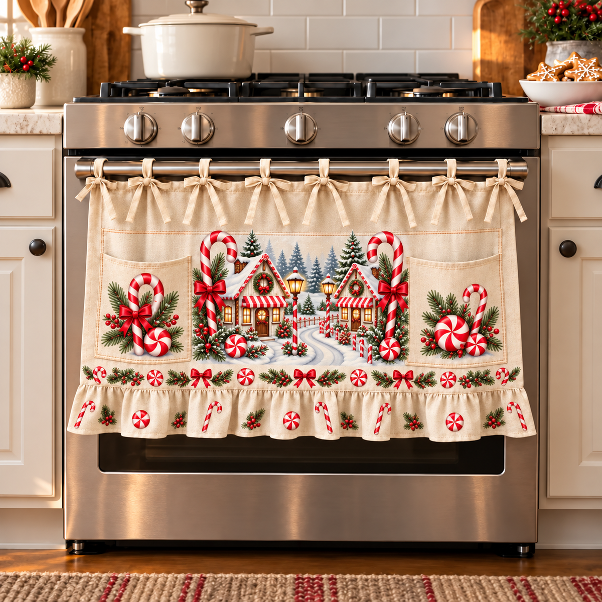 New tie-front kitchen half apron with pockets and ruffle trim