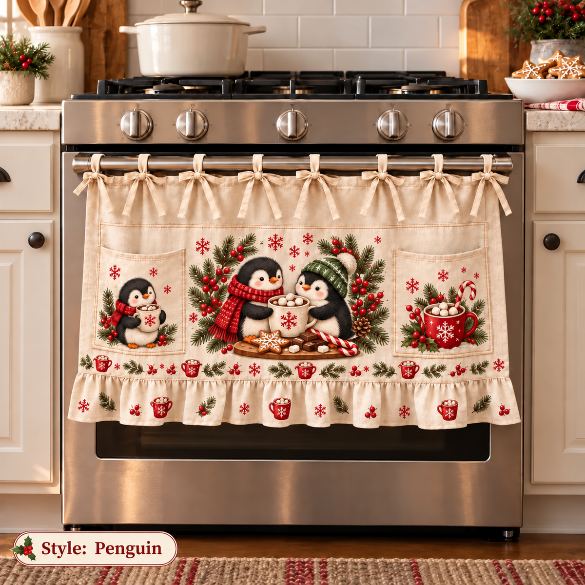 New tie-front kitchen half apron with pockets and ruffle trim