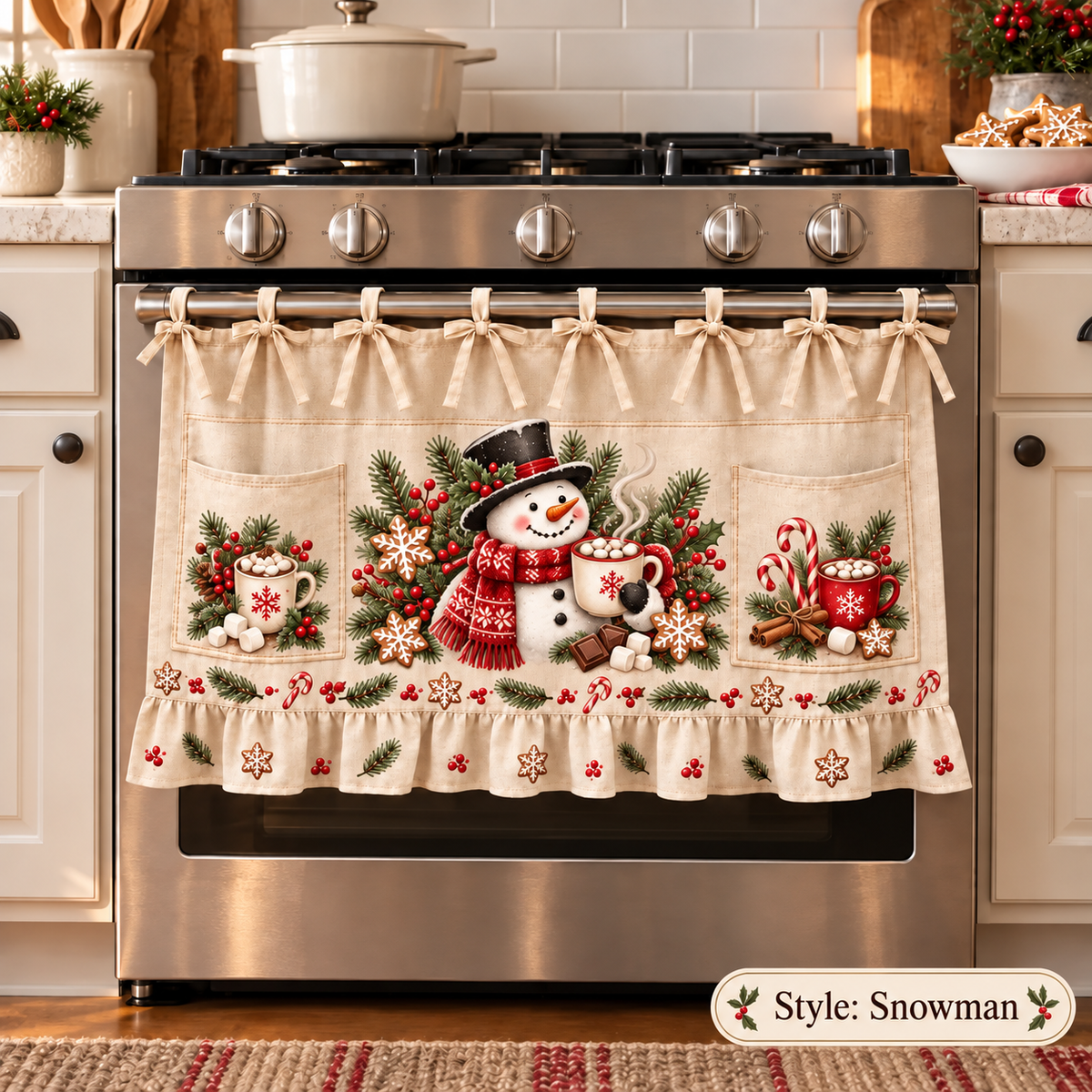 New tie-front kitchen half apron with pockets and ruffle trim