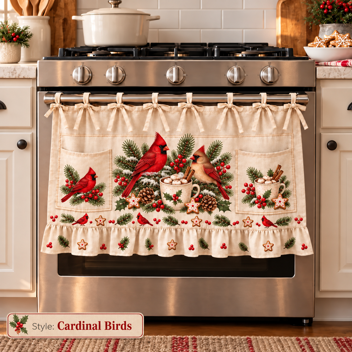 New tie-front kitchen half apron with pockets and ruffle trim