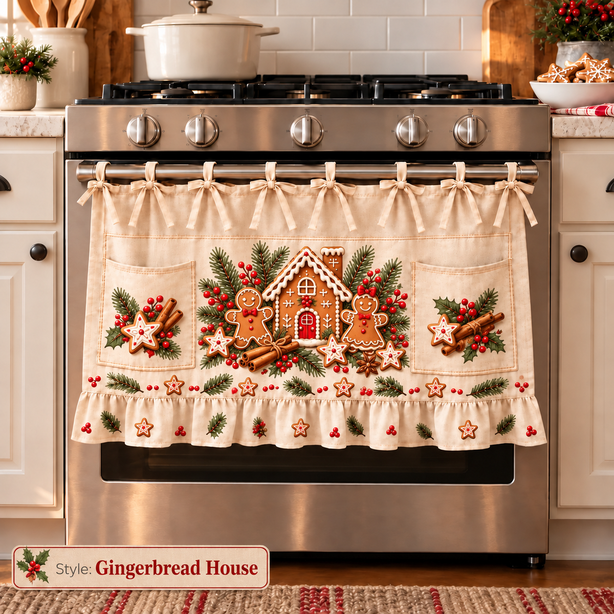 New tie-front kitchen half apron with pockets and ruffle trim