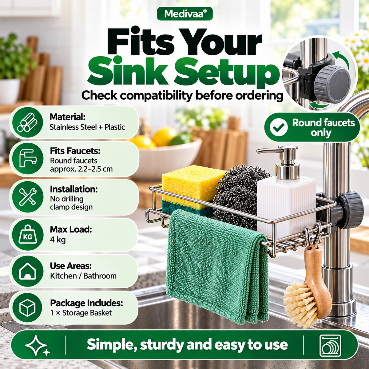 Stainless steel storage rack for the kitchen sink