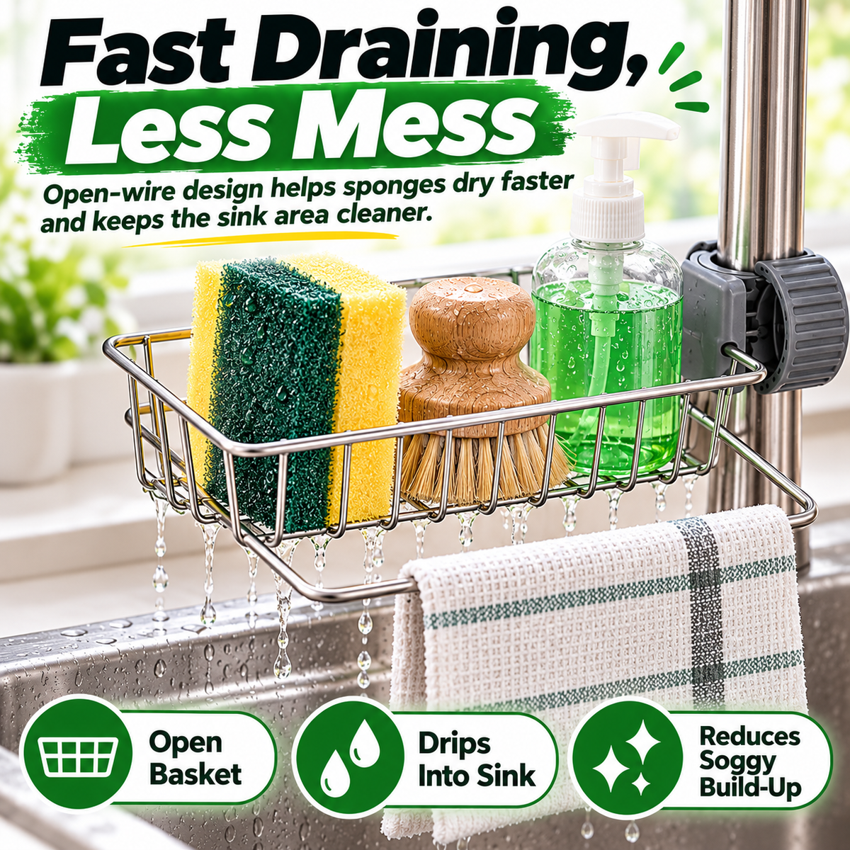 Stainless steel storage rack for the kitchen sink