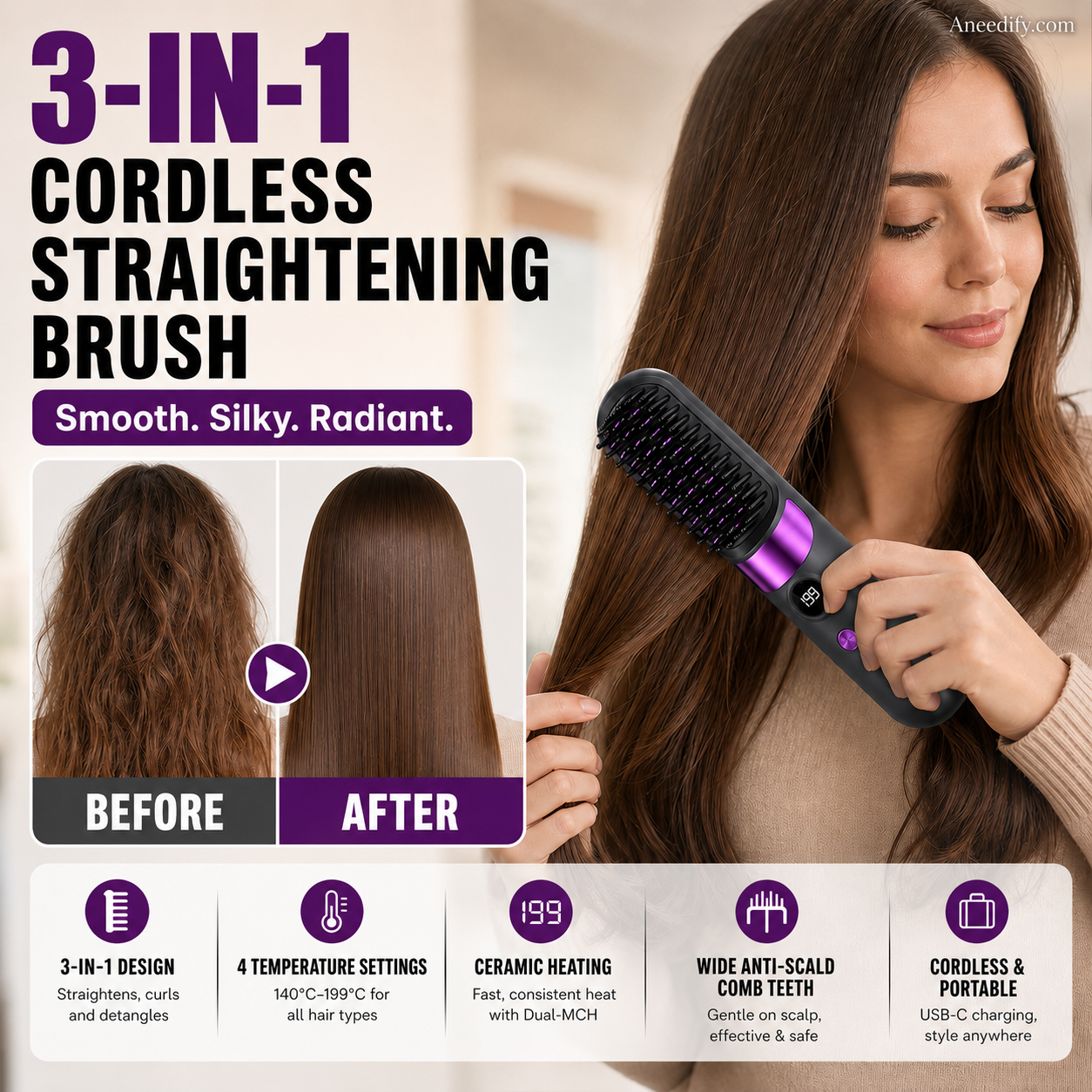 🥳2026 HOT SALE🥳💞50K+ SOLD!💇‍♀️🛡️ 57% OFF! 3‑in‑1 Cordless Hair Straightening Brush – Straighten, curl & detangle with 4 heat settings. Wider teeth prevent burns – safe for daily styling! ✨🌿