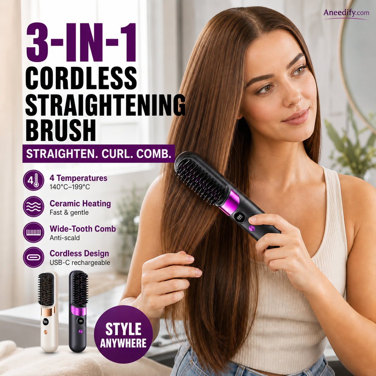 🥳2026 HOT SALE🥳💞50K+ SOLD!💇‍♀️🛡️ 57% OFF! 3‑in‑1 Cordless Hair Straightening Brush – Straighten, curl & detangle with 4 heat settings. Wider teeth prevent burns – safe for daily styling! ✨🌿
